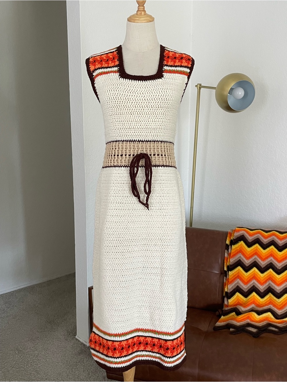 Vintage 1970s Boho Hippie Knit Crochet Dress